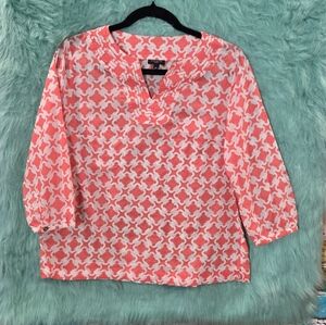 Talbots Pink/Coral And White, Half Sleeve ,V Neck Top, Size Mp
